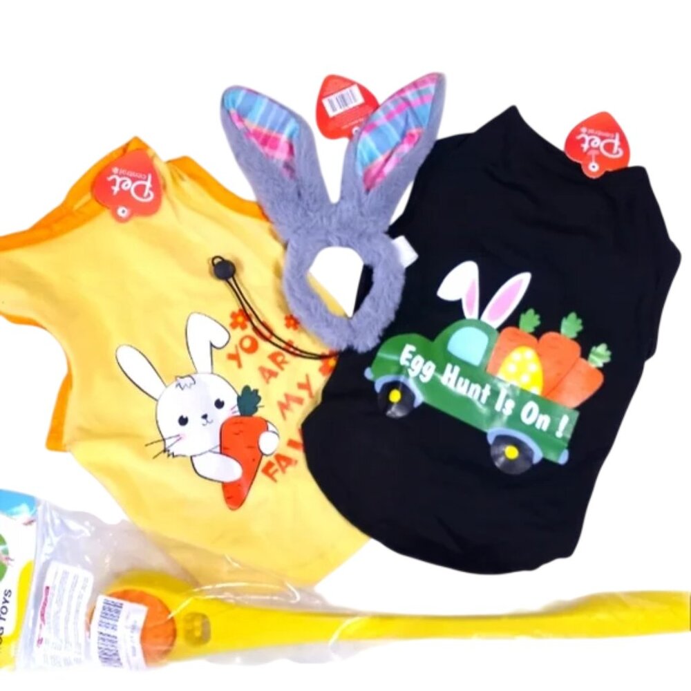 3 Pcs Easter Bunny Dog/Cat Outfit Includes FREE Dental Squeaky Fetch Anxiety Toy